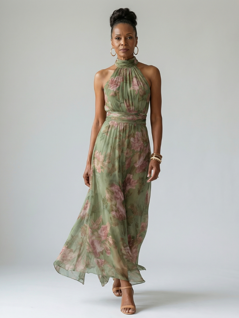 Mira | Gerimpelde Halter Midi Jurk