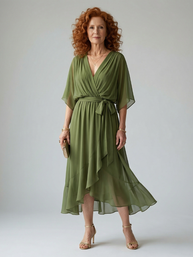 Erica | Licht Gedrapeerde Midi Jurk