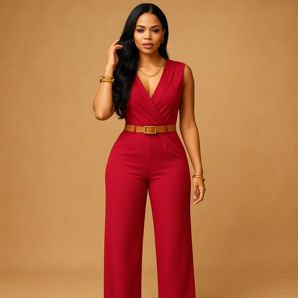 Diepe V-hals jumpsuit met hoge taille voor dames | Maud