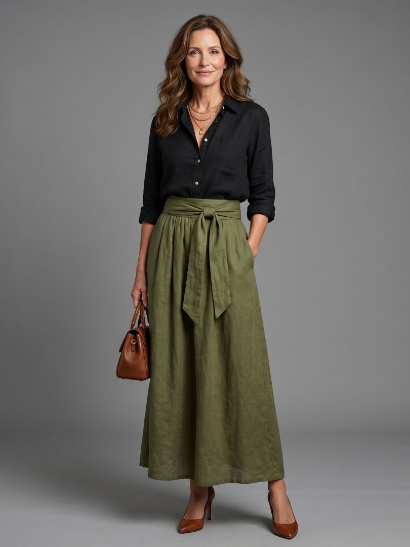 Vera | Zwarte Blouse & Olijfgroene Midi Rok Set
