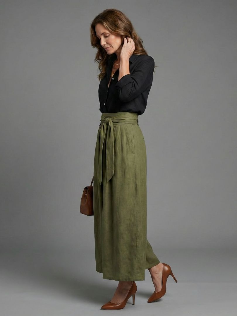 Vera | Zwarte Blouse & Olijfgroene Midi Rok Set