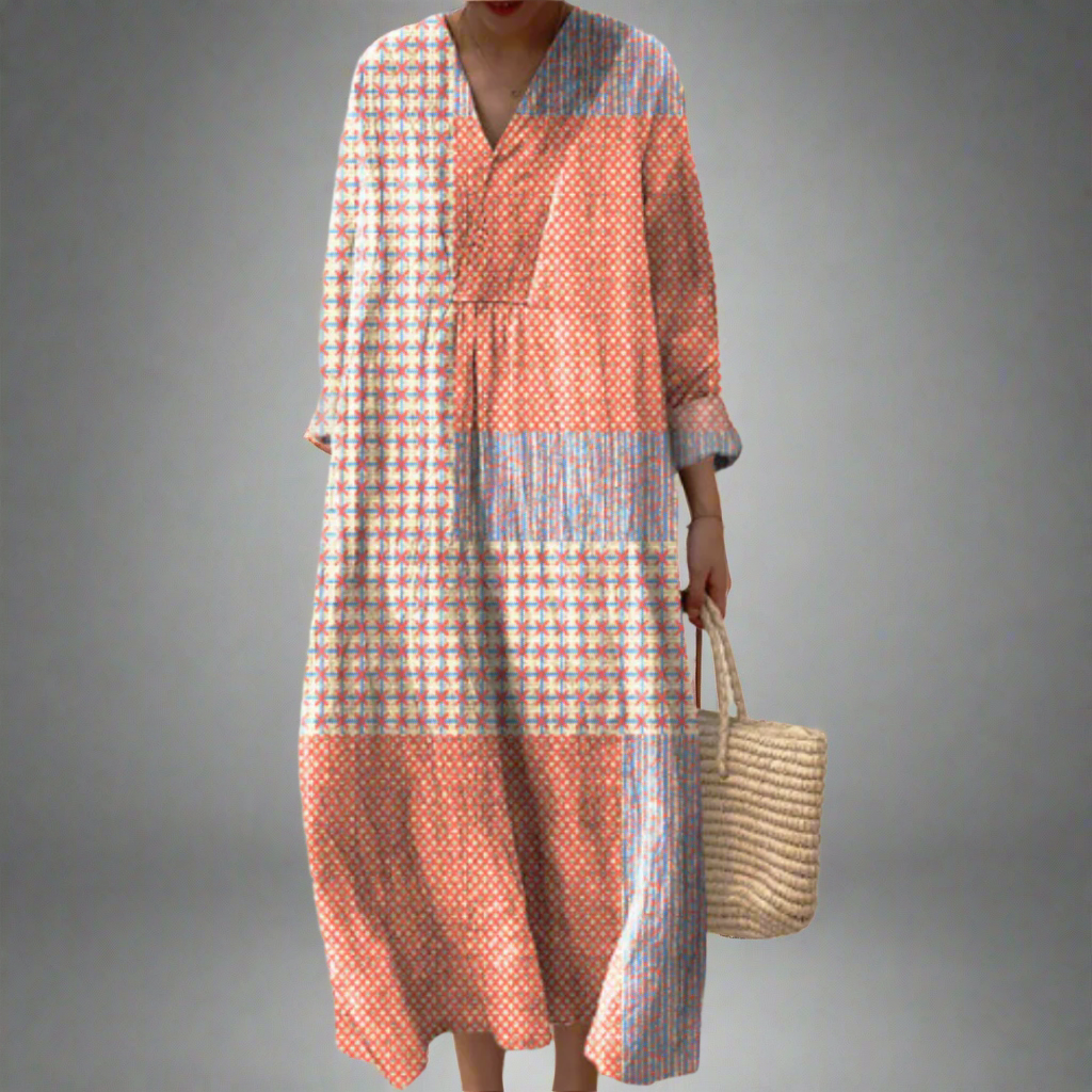 Falado - patchwork midi-jurk met koraal- en sterrenpatroon
