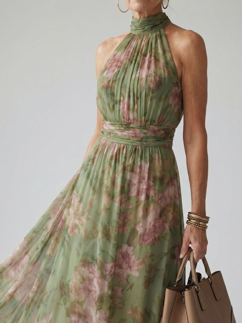 Mira | Gerimpelde Halter Midi Jurk