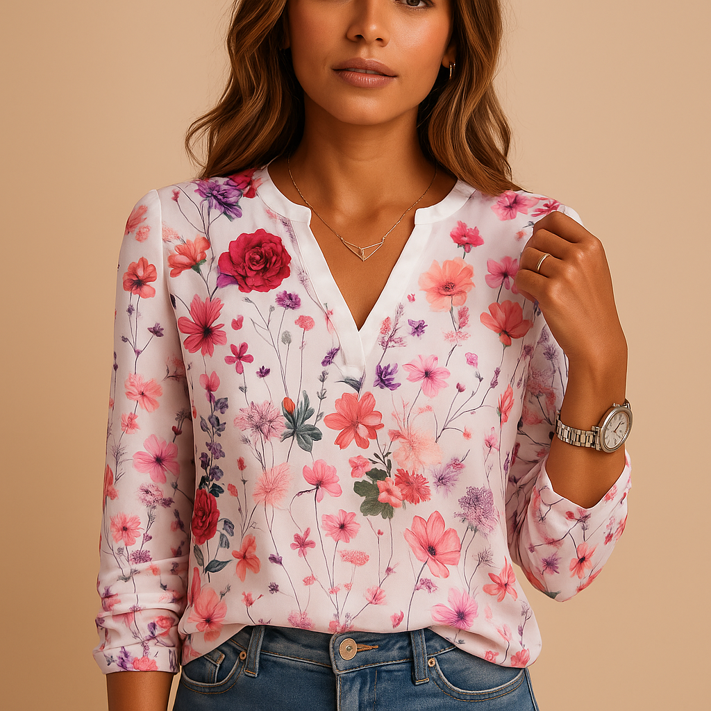Bloemenprint blouse met V-hals en lange mouwen voor dames | Tess