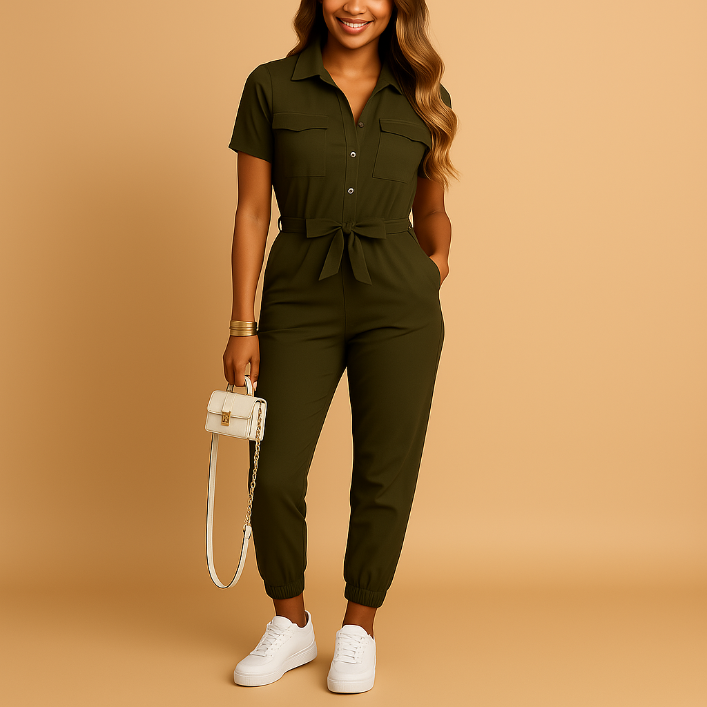 Getailleerde jumpsuit dames met knoopsluiting en flatterende pasvorm |Elvira