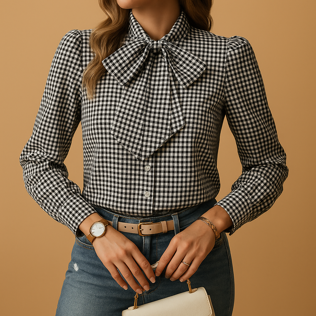 Geruite blouse met strikdetail voor dames | Clarisse