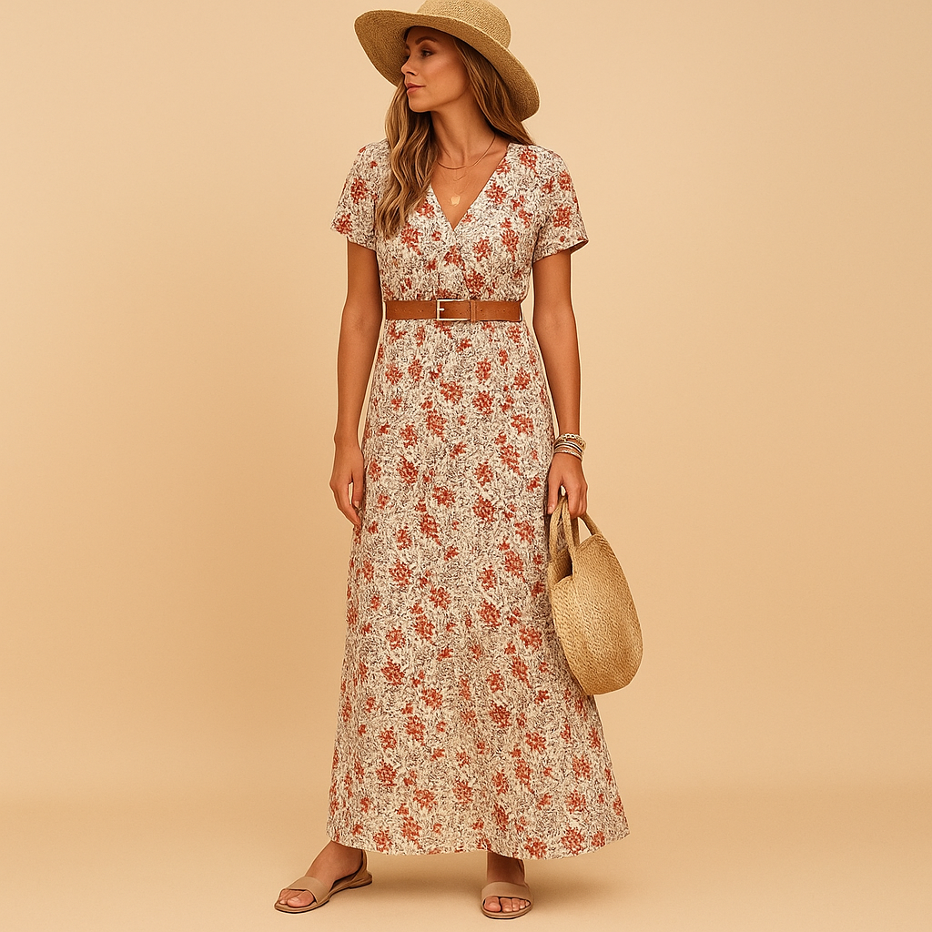 Maxi-jurk met V-hals en riem voor dames | Milou