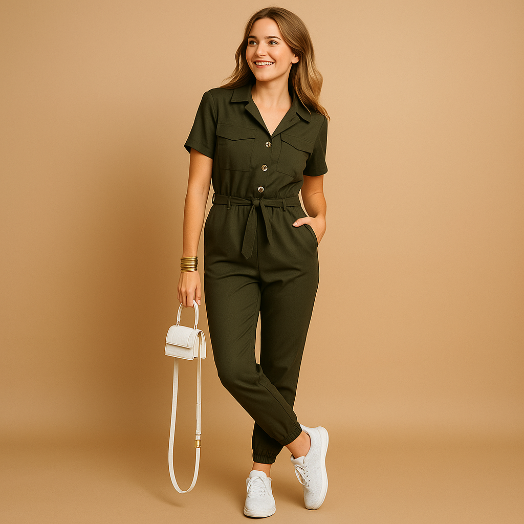 Nora | Getailleerde jumpsuit met V-hals en cargozakken voor dames