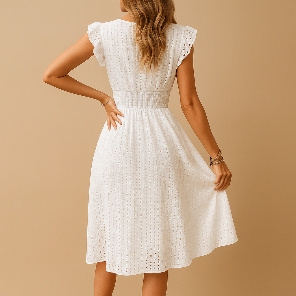 Witte midi-zomerjurk met ruches voor dames | Lieke