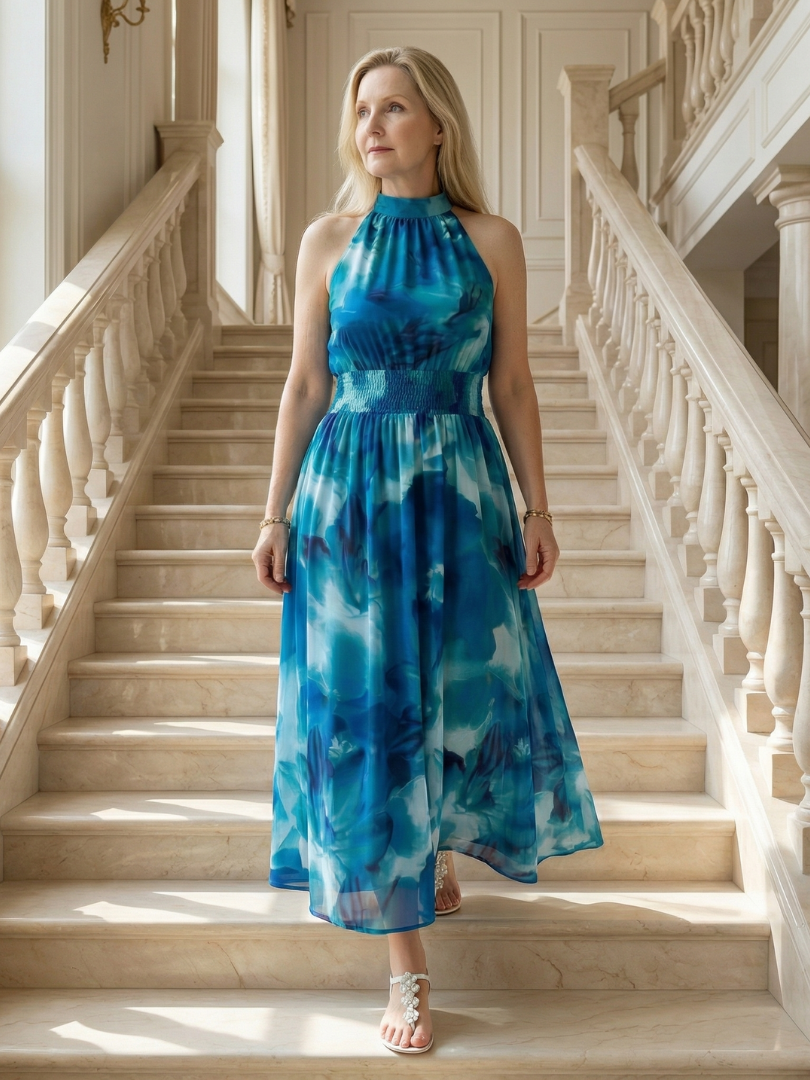 Sylvia | Gerimpelde Halter Midi Jurk