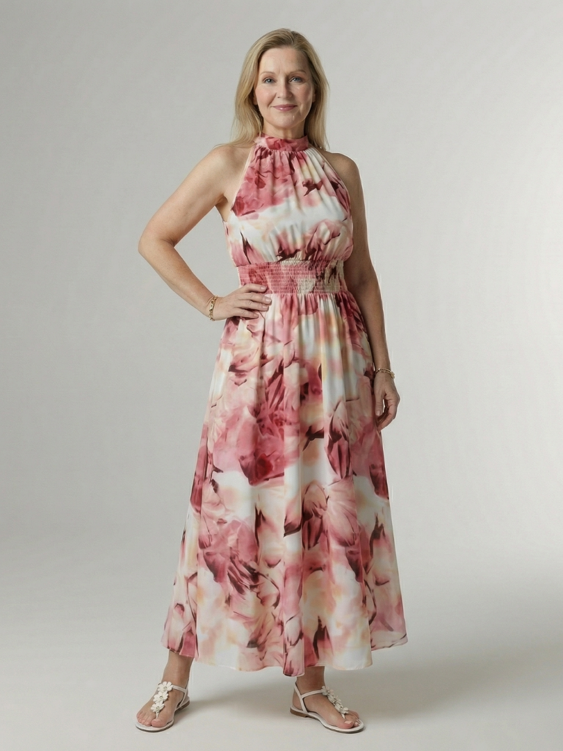 Sylvia | Gerimpelde Halter Midi Jurk