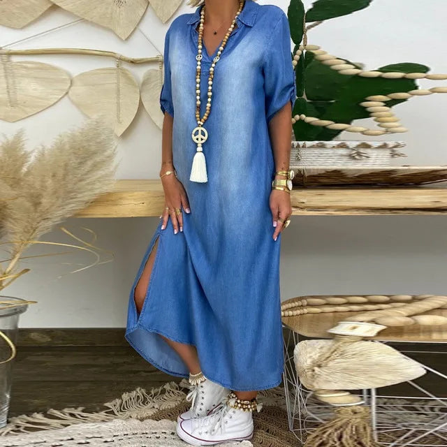 Zenviro – Lange jurk in denimlook met zijsplit