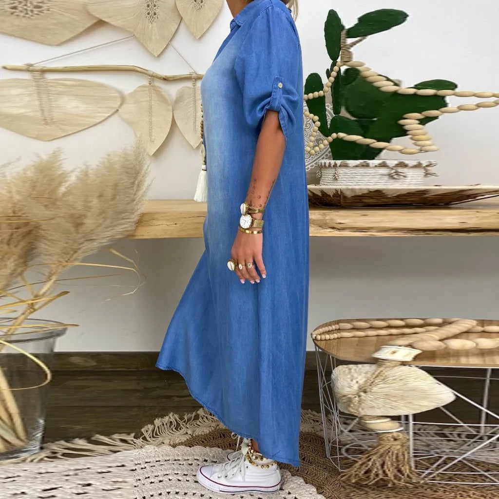 Zenviro – Lange jurk in denimlook met zijsplit