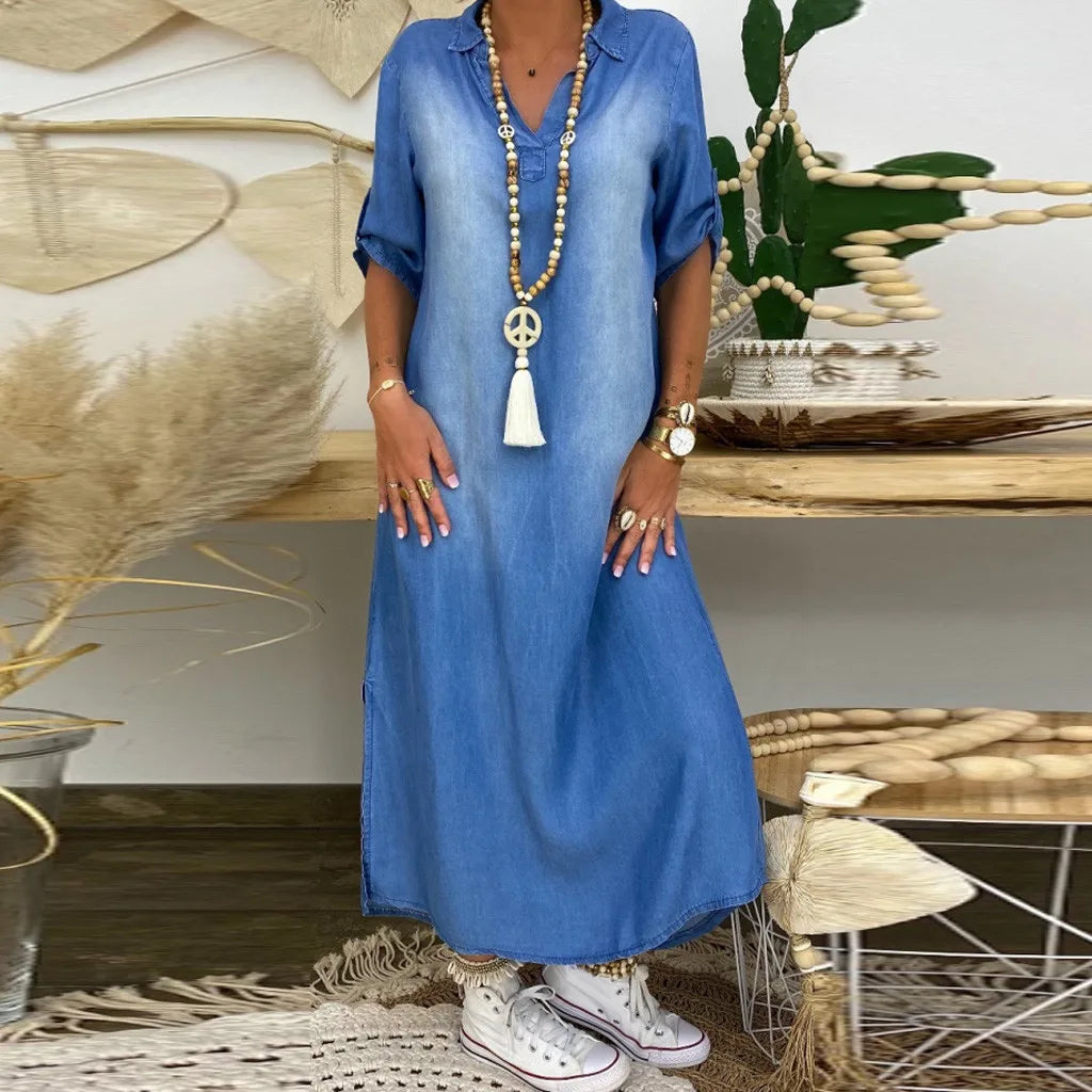 Zenviro – Lange jurk in denimlook met zijsplit