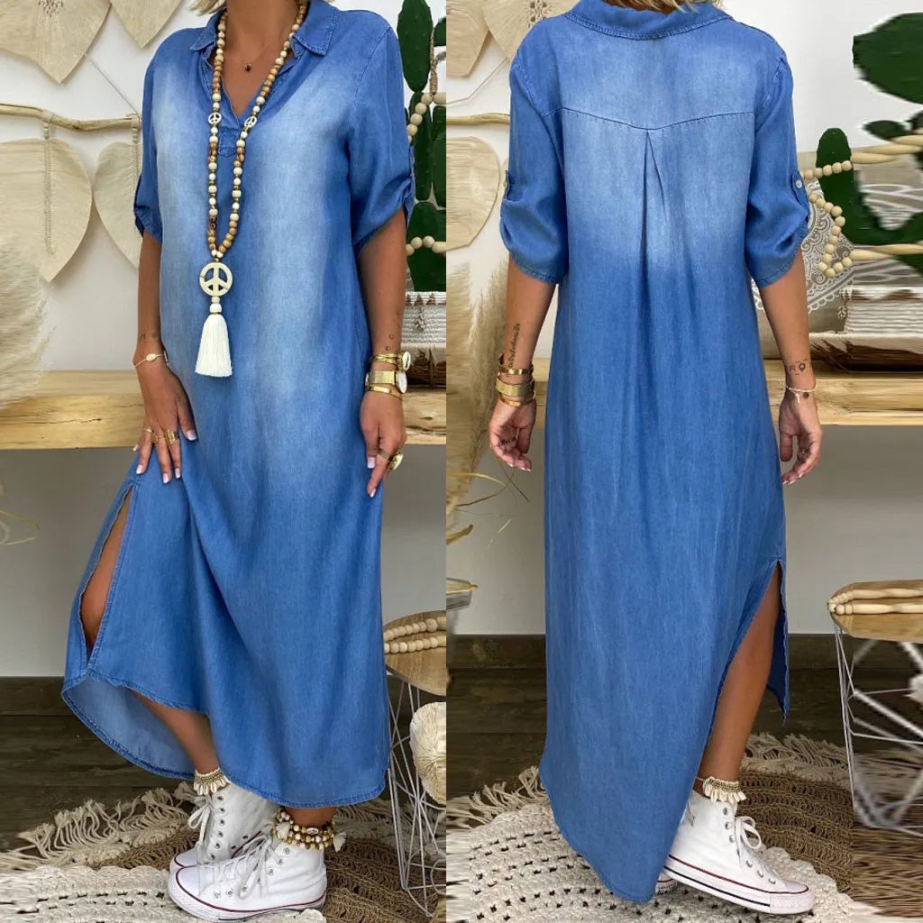 Zenviro – Lange jurk in denimlook met zijsplit