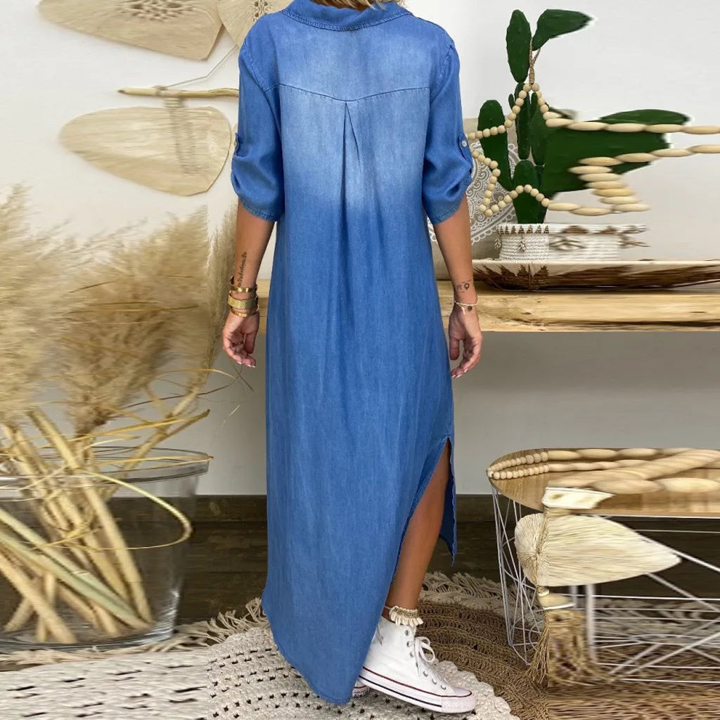 Zenviro – Lange jurk in denimlook met zijsplit