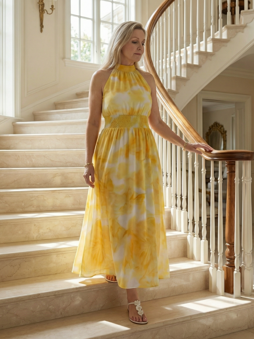 Sylvia | Gerimpelde Halter Midi Jurk