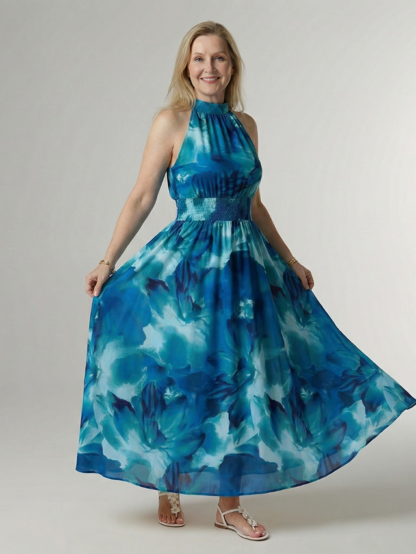 Sylvia | Gerimpelde Halter Midi Jurk