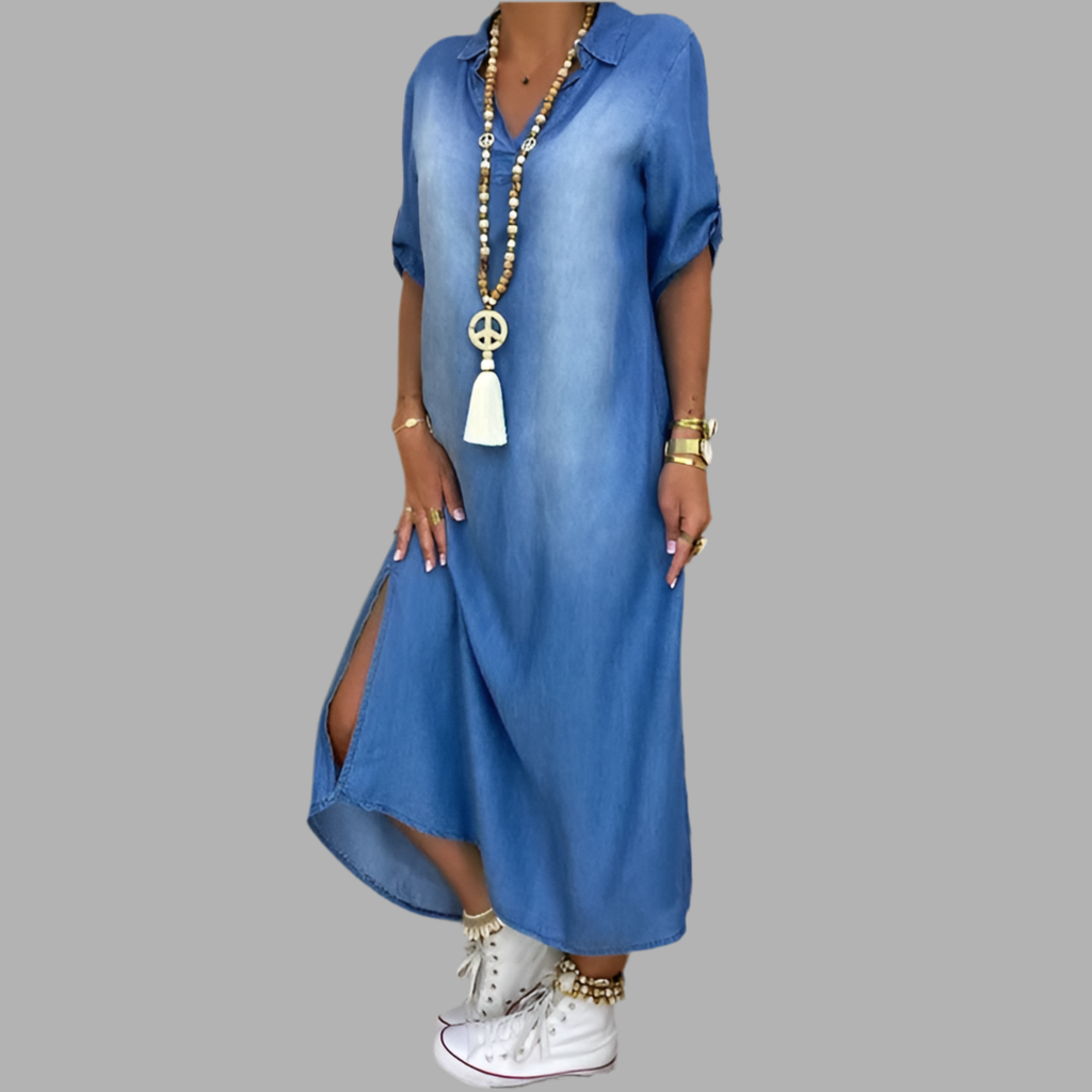 Zenviro – Lange jurk in denimlook met zijsplit