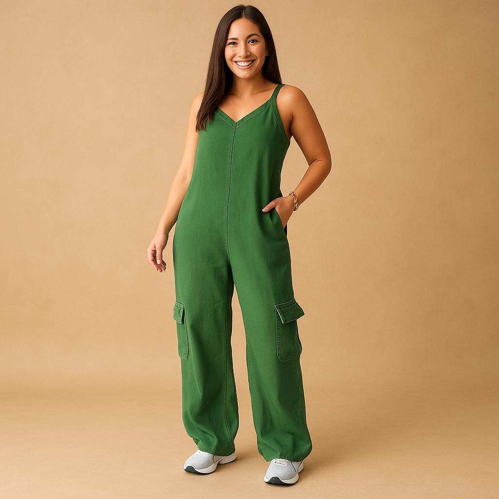 Denim jumpsuit met V-hals en open rug voor dames | Valerie