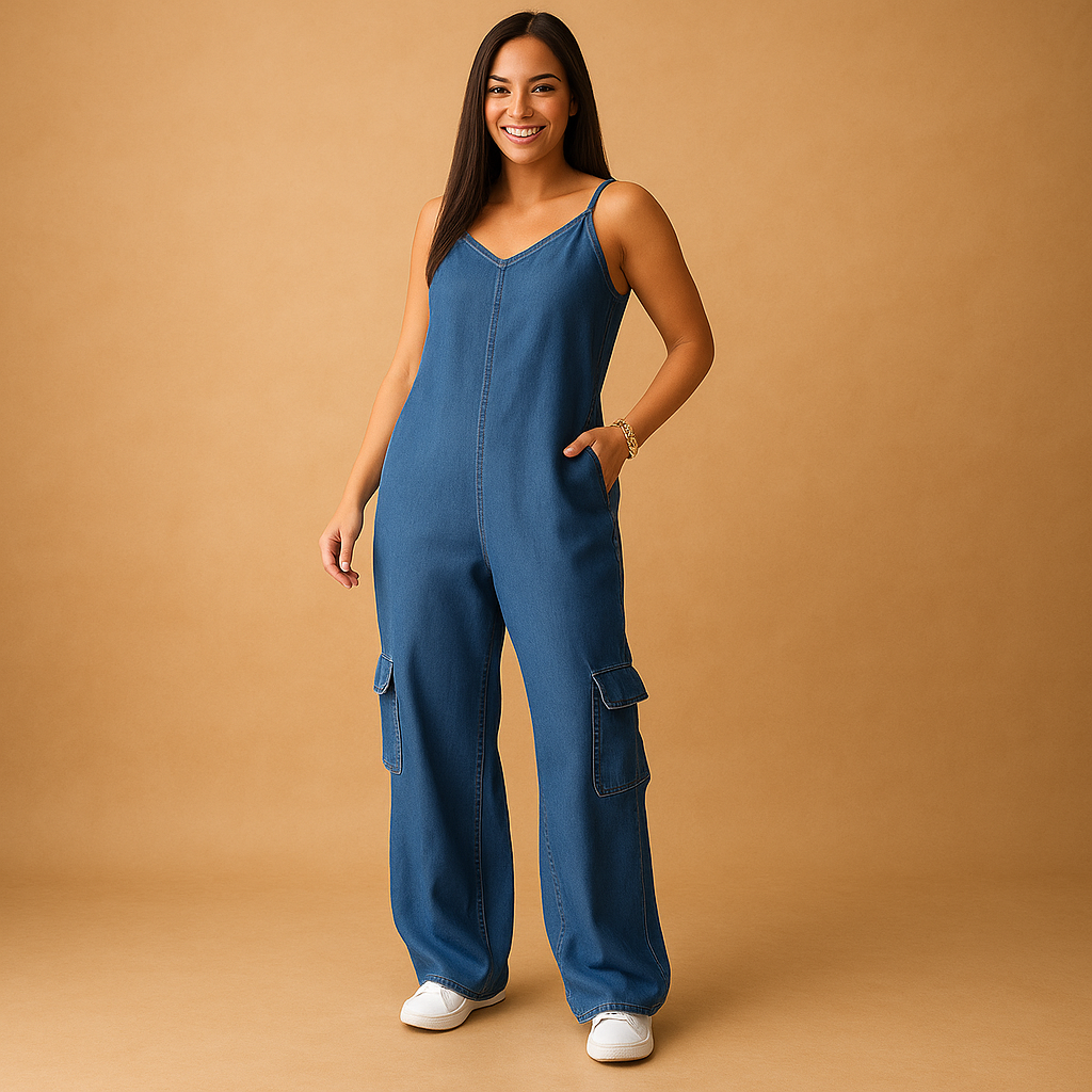 Denim jumpsuit met V-hals en open rug voor dames | Valerie