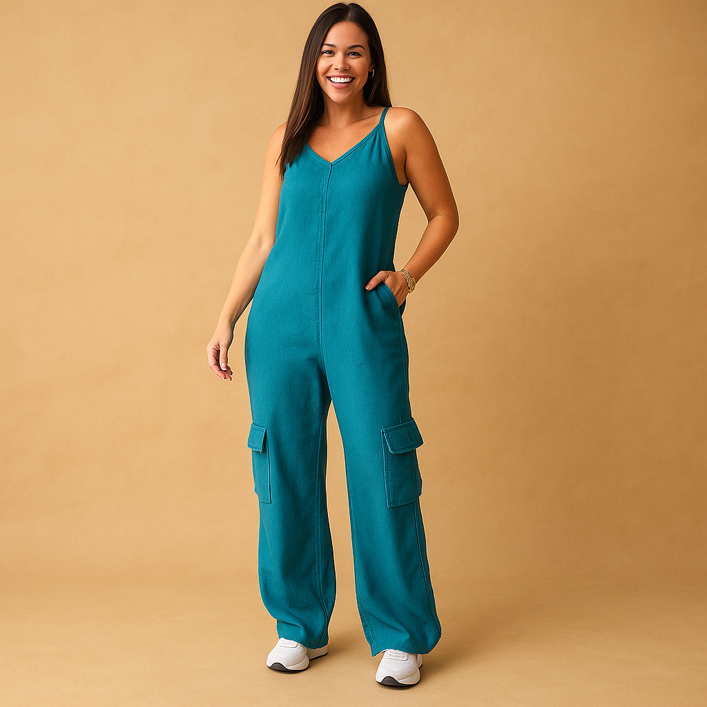 Denim jumpsuit met V-hals en open rug voor dames | Valerie