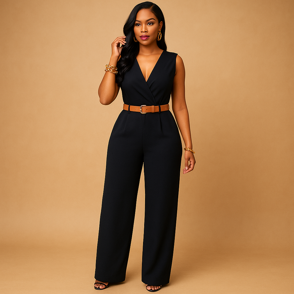 Diepe V-hals jumpsuit met hoge taille voor dames | Maud