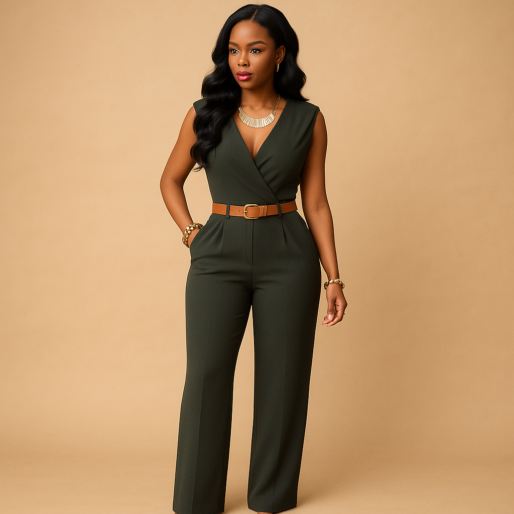 Diepe V-hals jumpsuit met hoge taille voor dames | Maud