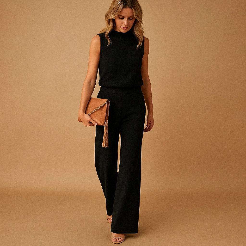 Elegante jumpsuit dames met ronde hals en wijde pijpen | Anna