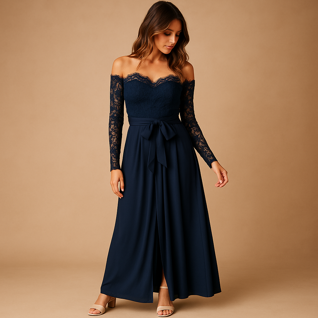 Off-shoulder kanten jumpsuit met split voor dames | Marlies