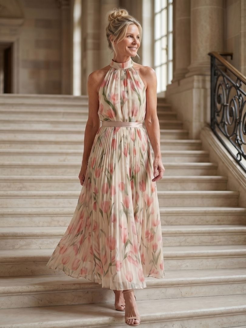 Aurelle | Halter Bloemen Midi Jurk