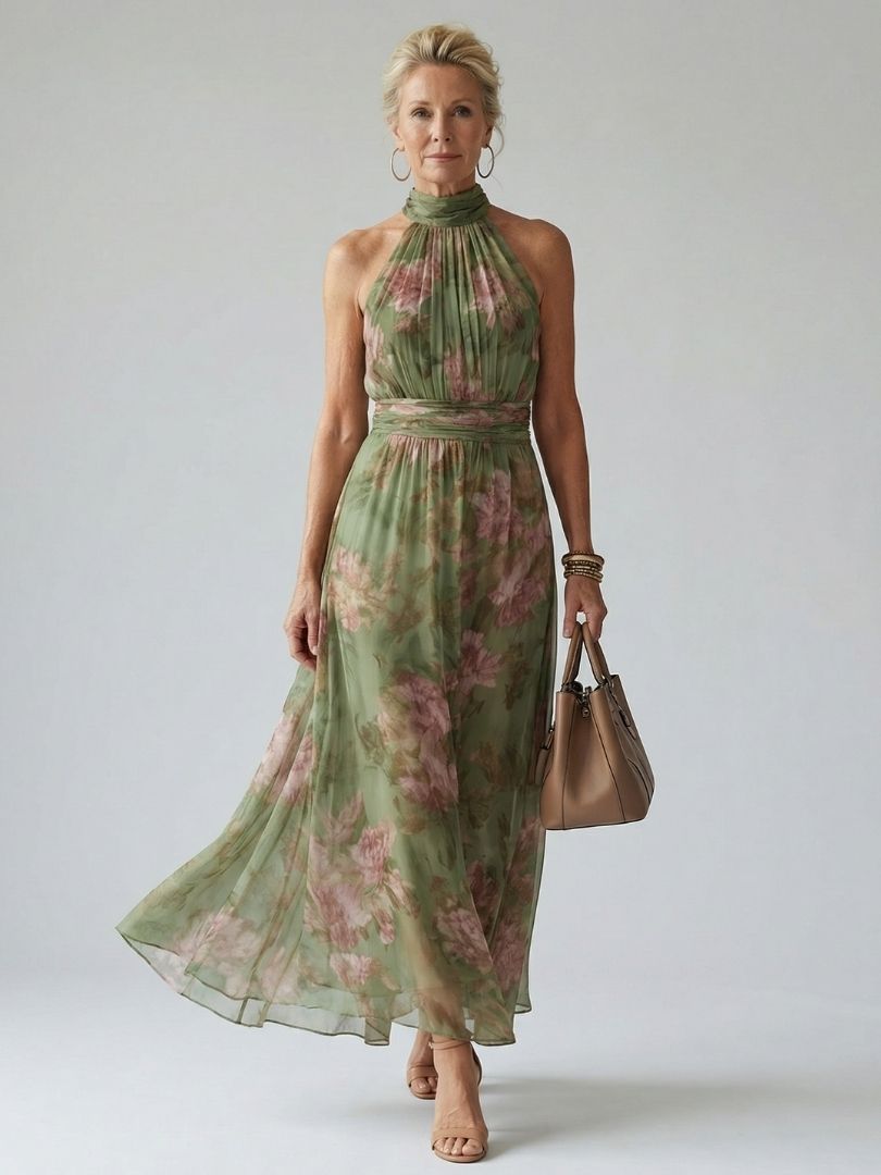 Mira | Gerimpelde Halter Midi Jurk