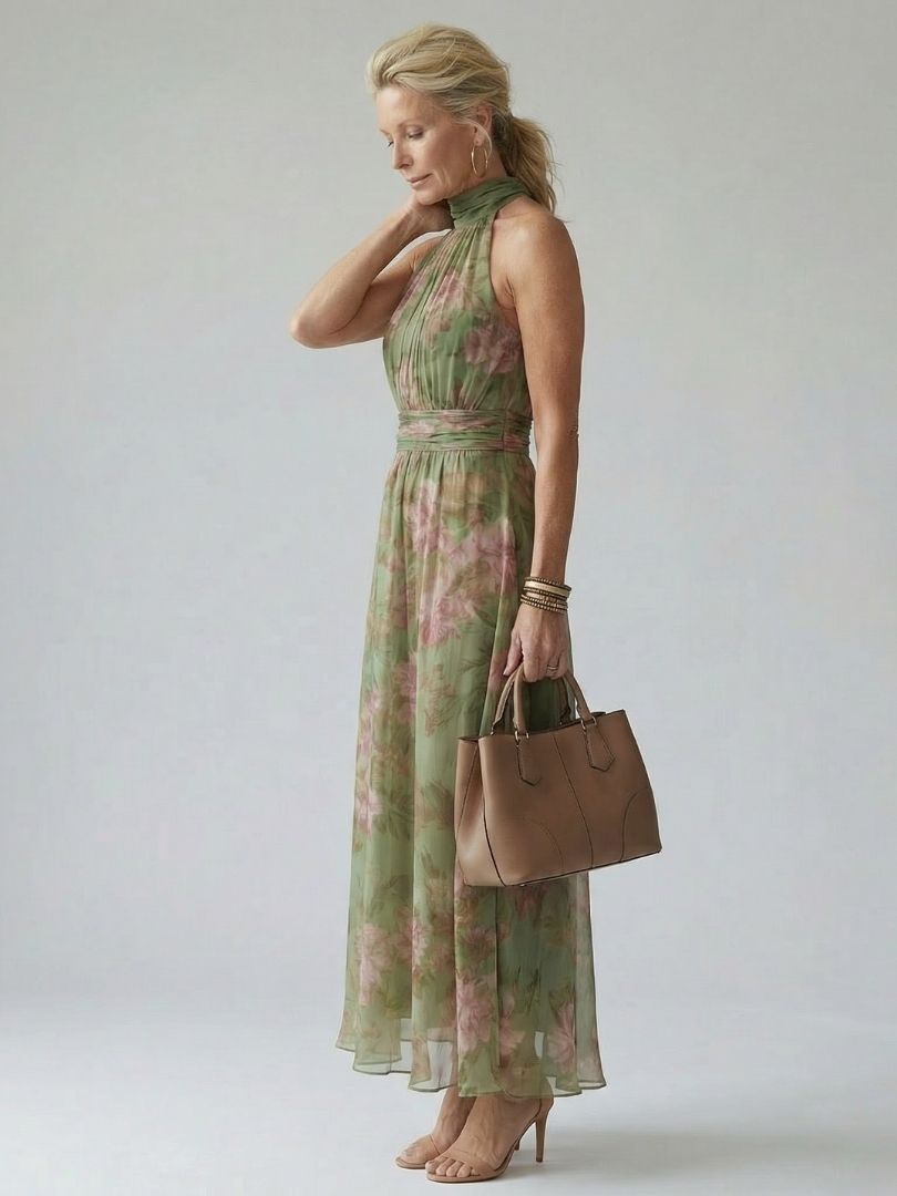 Mira | Gerimpelde Halter Midi Jurk