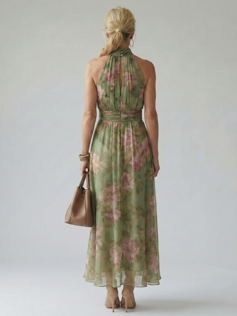Mira | Gerimpelde Halter Midi Jurk