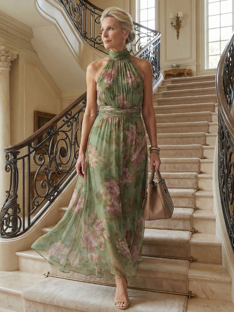 Mira | Gerimpelde Halter Midi Jurk