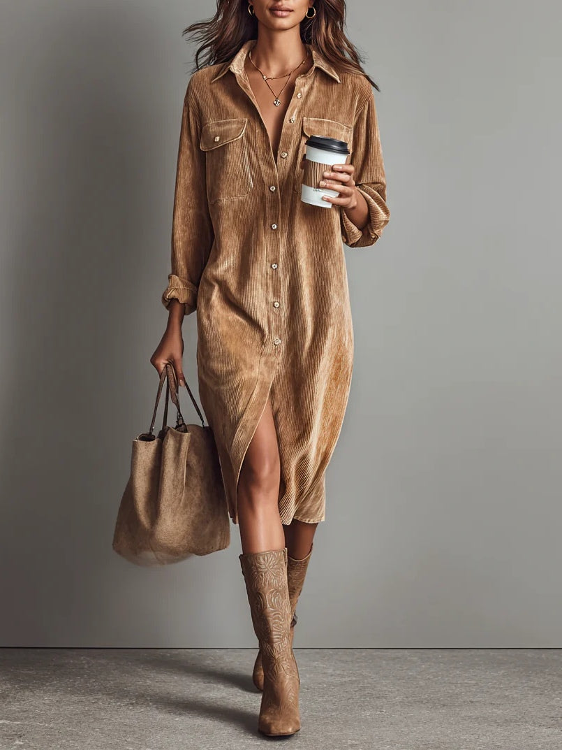 Falado – Elegante midi-jurk van zacht corduroy met borstzakken
