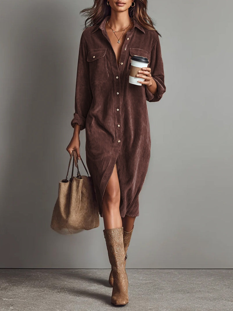 Falado – Elegante midi-jurk van zacht corduroy met borstzakken