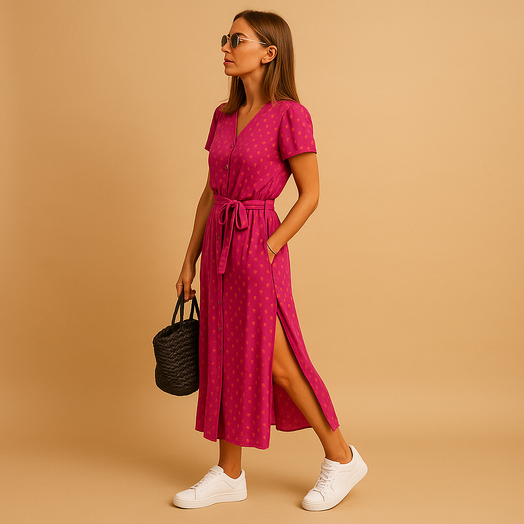 A-lijn zomerjurk met pofmouwen en knoopdetails voor dames | Mare