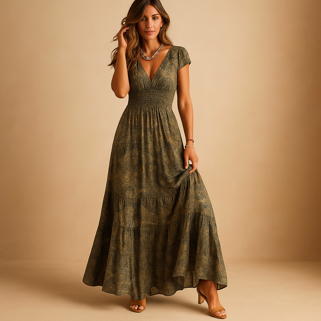 Bloemenprint maxi-jurk met rucheskraag voor dames | Fenna