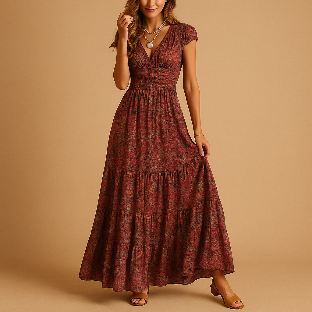 Bloemenprint maxi-jurk met rucheskraag voor dames | Fenna