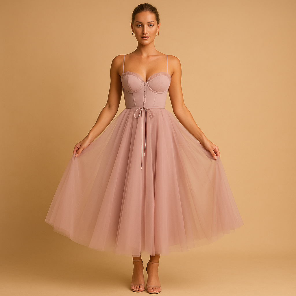 Chiffon maxi-jurk zonder mouwen met tulelaag voor dames | Elodie