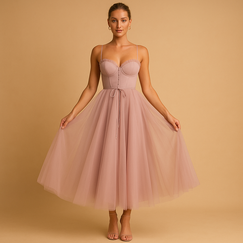Chiffon maxi-jurk zonder mouwen met tulelaag voor dames | Elodie