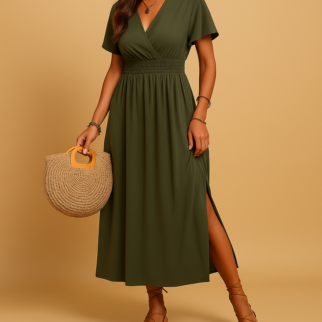 Elegante midi-jurk met V-hals en slanke pasvorm voor dames | Heather