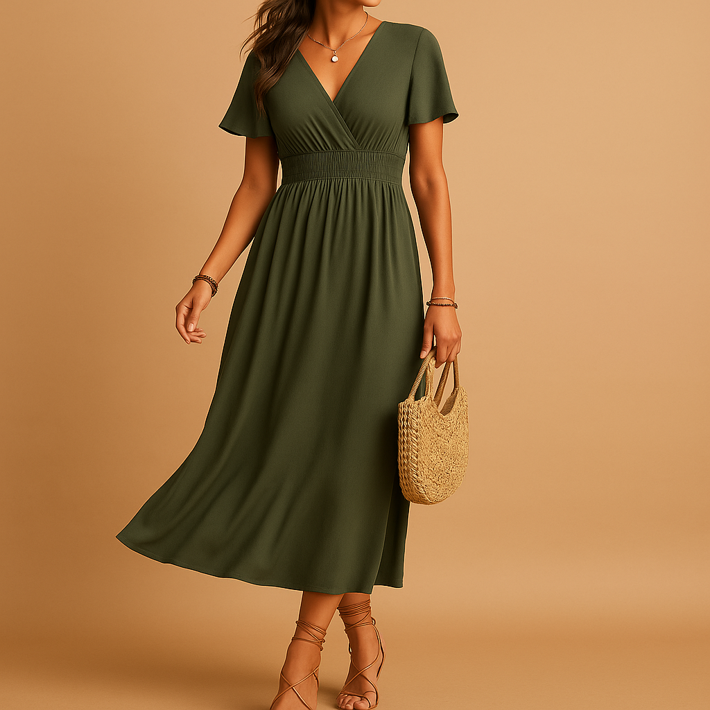 Elegante midi-jurk met V-hals en slanke pasvorm voor dames | Heather