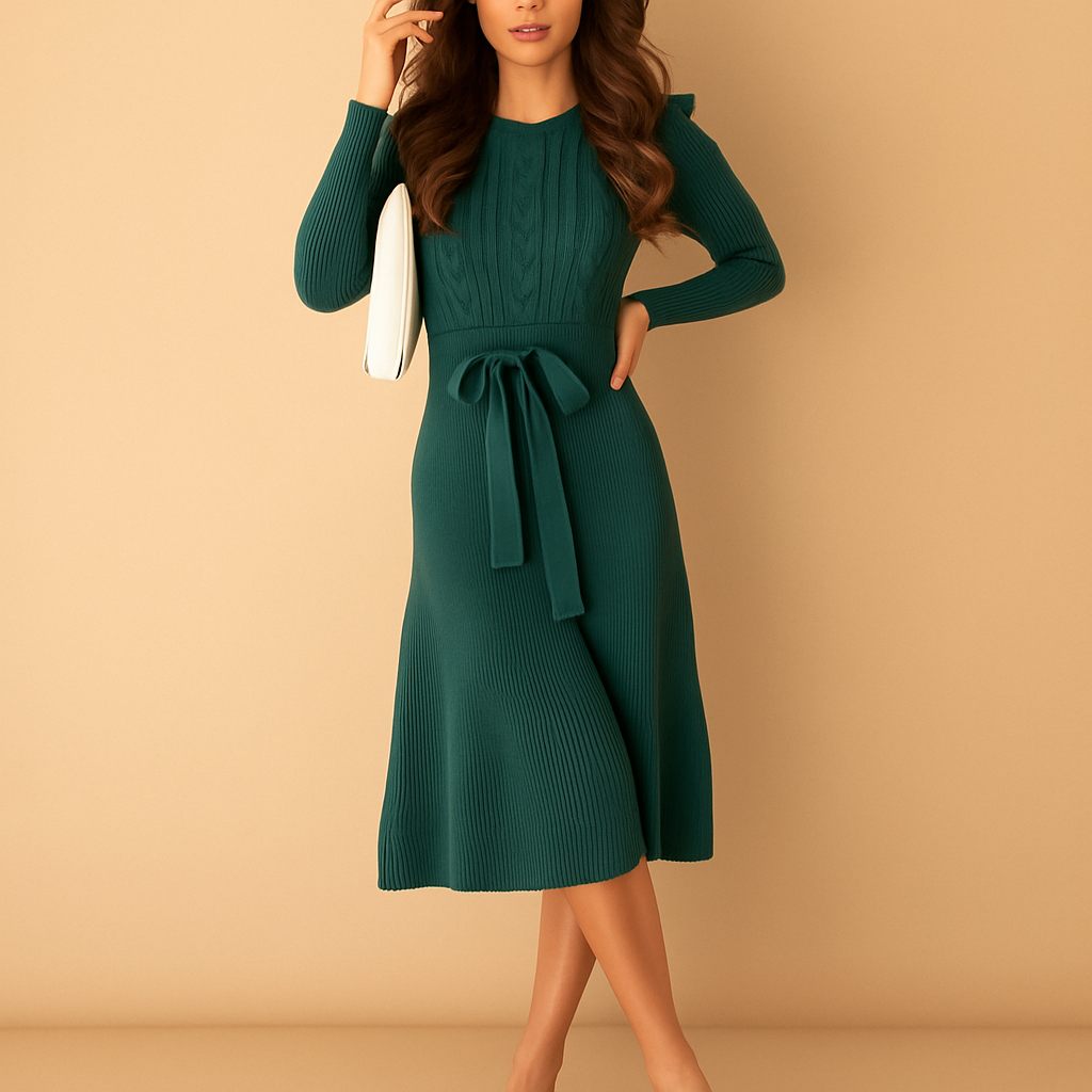 Gebreide herfstjurk met riem voor dames | Lianne