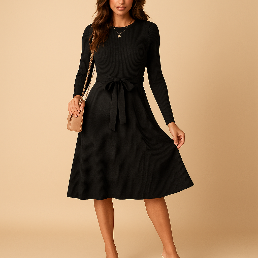 Gebreide herfstjurk met riem voor dames | Lianne