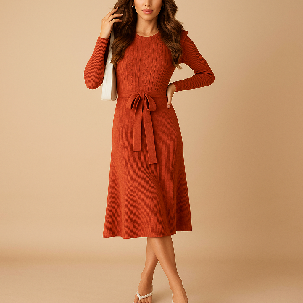 Gebreide herfstjurk met riem voor dames | Lianne