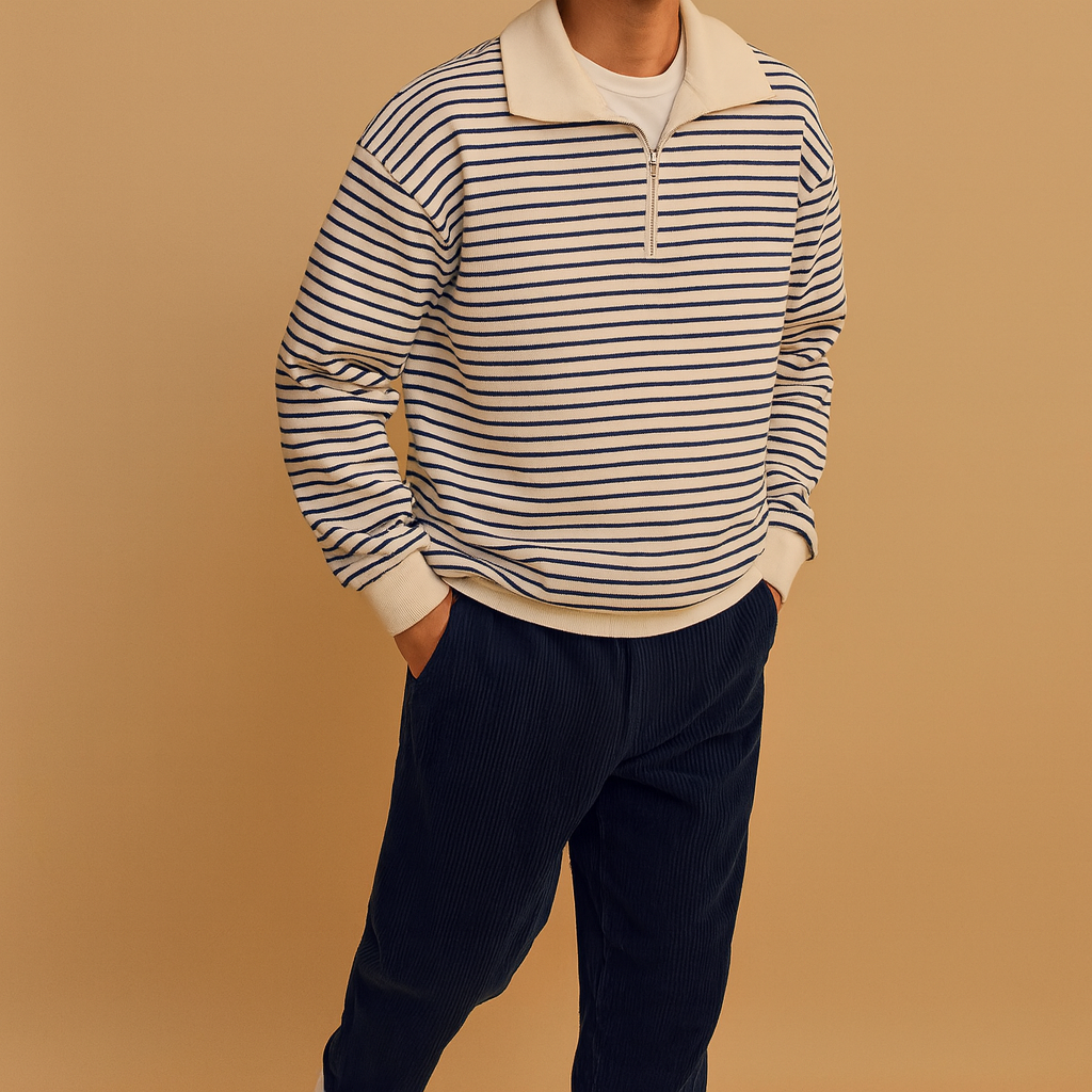 Gestreepte pullover met halve rits voor heren | Sander