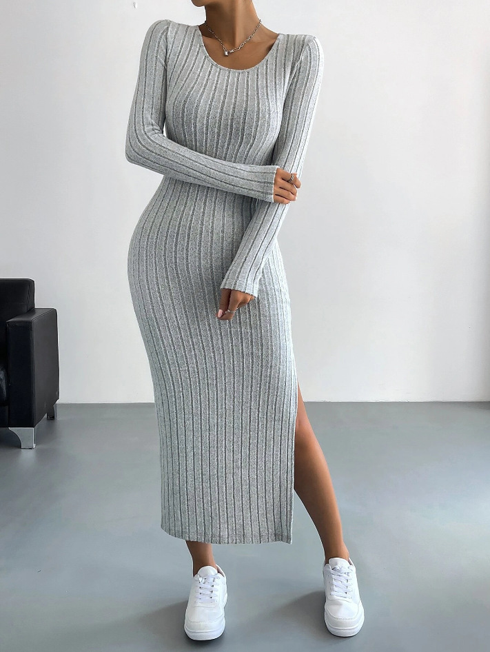 Zenviro - Geribbelde bodycon-jurk met lange mouwen van gebreide stof