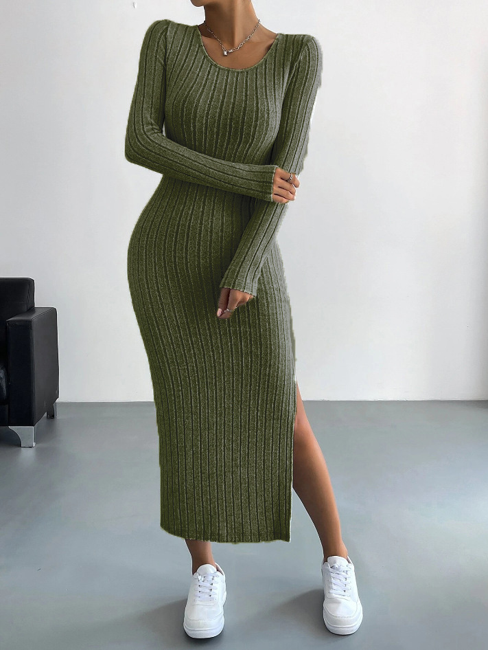 Zenviro - Geribbelde bodycon-jurk met lange mouwen van gebreide stof